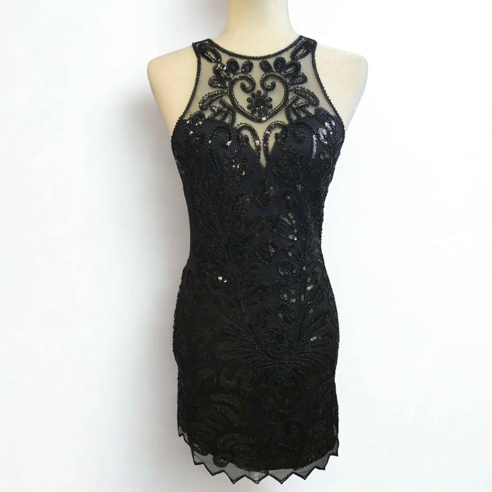 Red Dress‎ Black Sequin Beaded Mesh Cocktail Party Bodycon Mini Dress Small